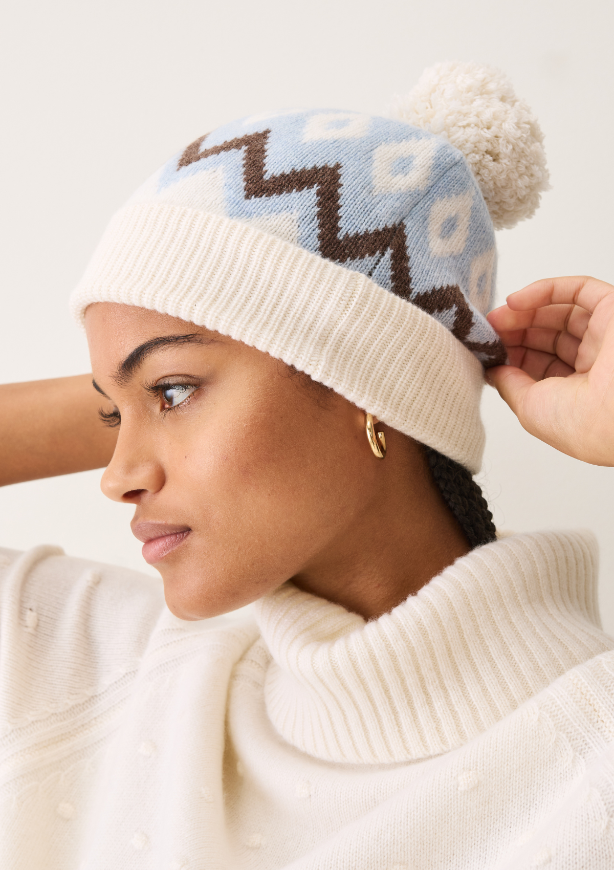 Bobble Beanie in Snow & Blue Nordic Mix
