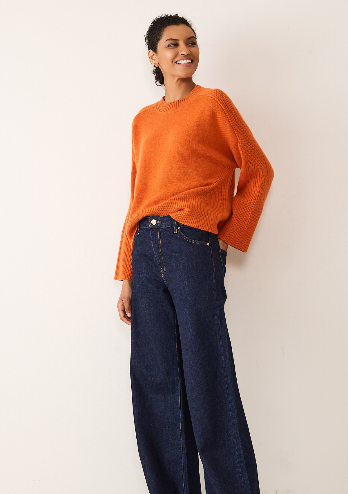 Ribbed Detail Lofty Crew Sweatshirt in Tiger Orange
