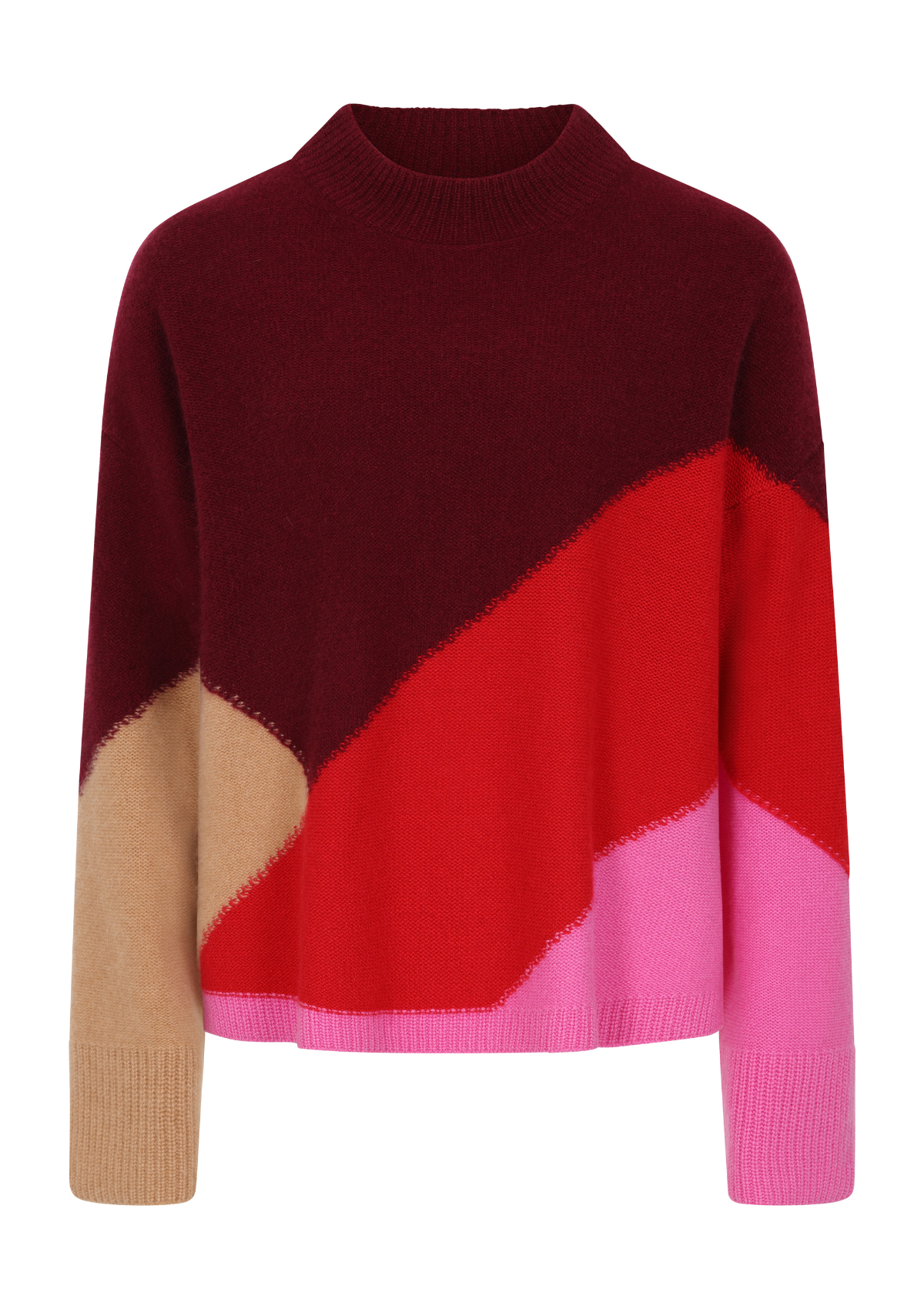 Chunky Colour Block Cashmere Sweater in Plum Red