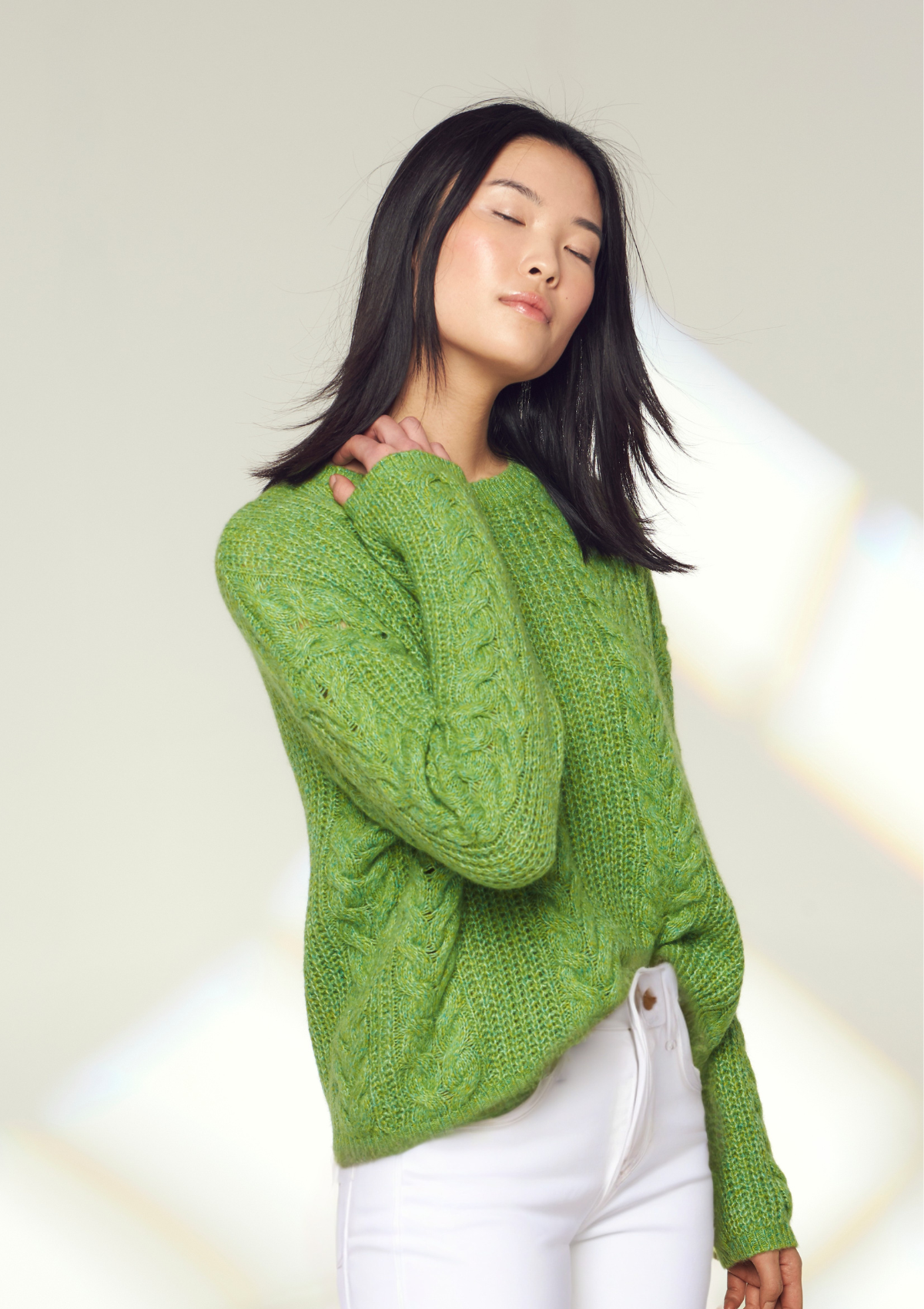 Silk Cashmere Blend Cable Crew Neck Sweater in Sedum Green