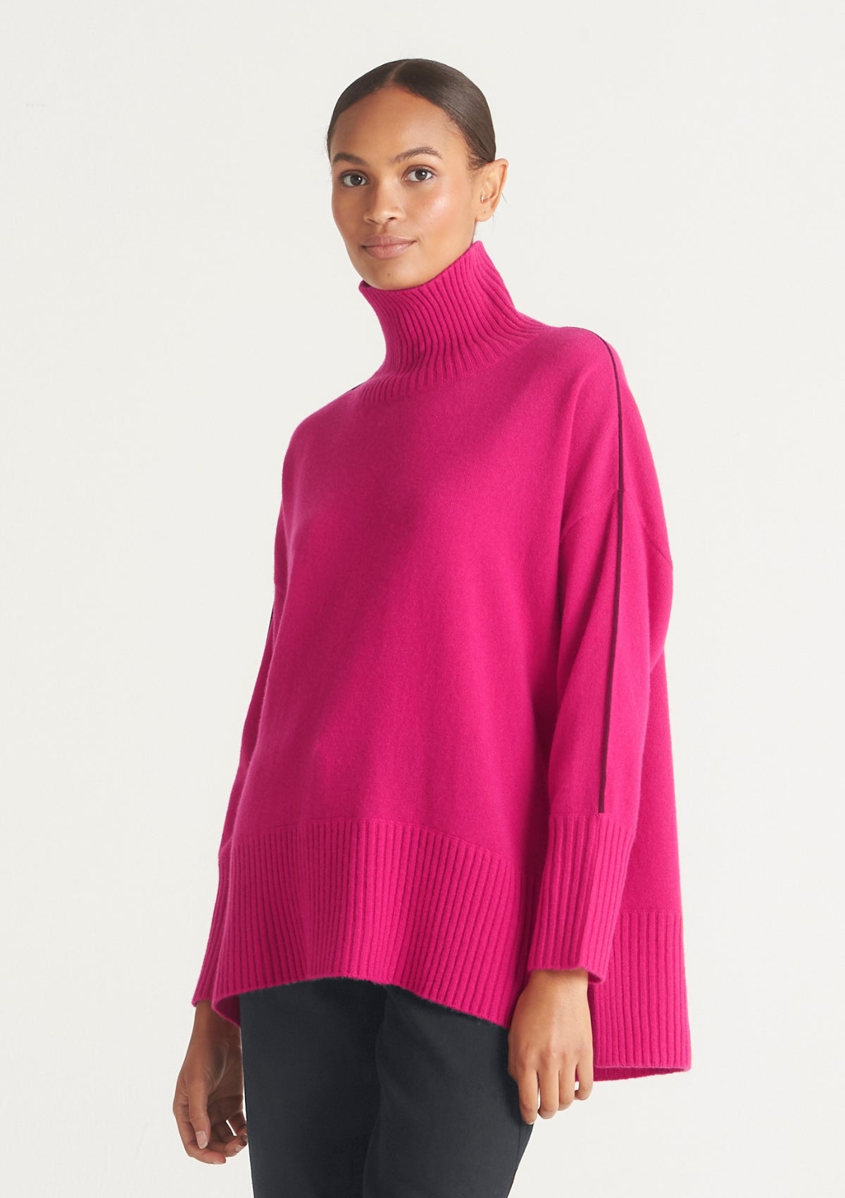 Contrast Trim Polo Neck Sweater in Cherry Pink/Barolo Red