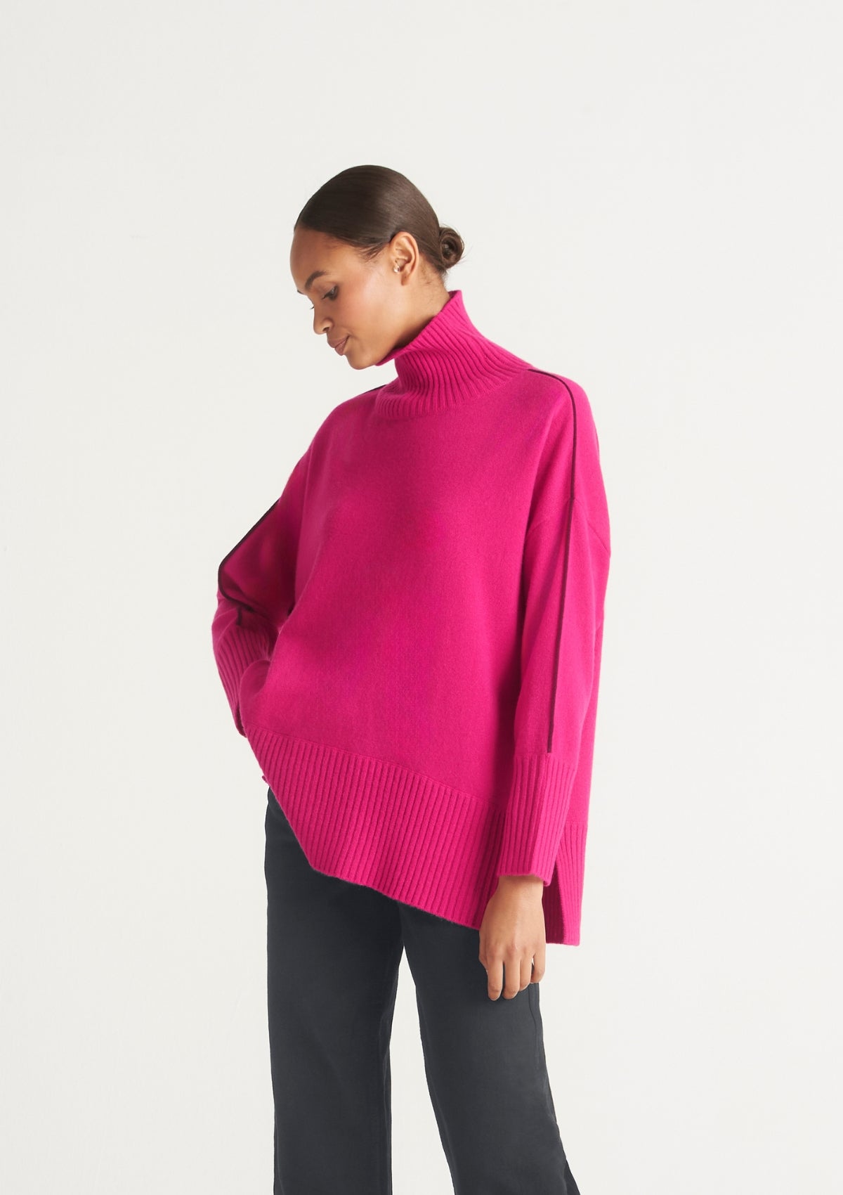 Contrast Trim Polo Neck Sweater in Cherry Pink/Barolo Red