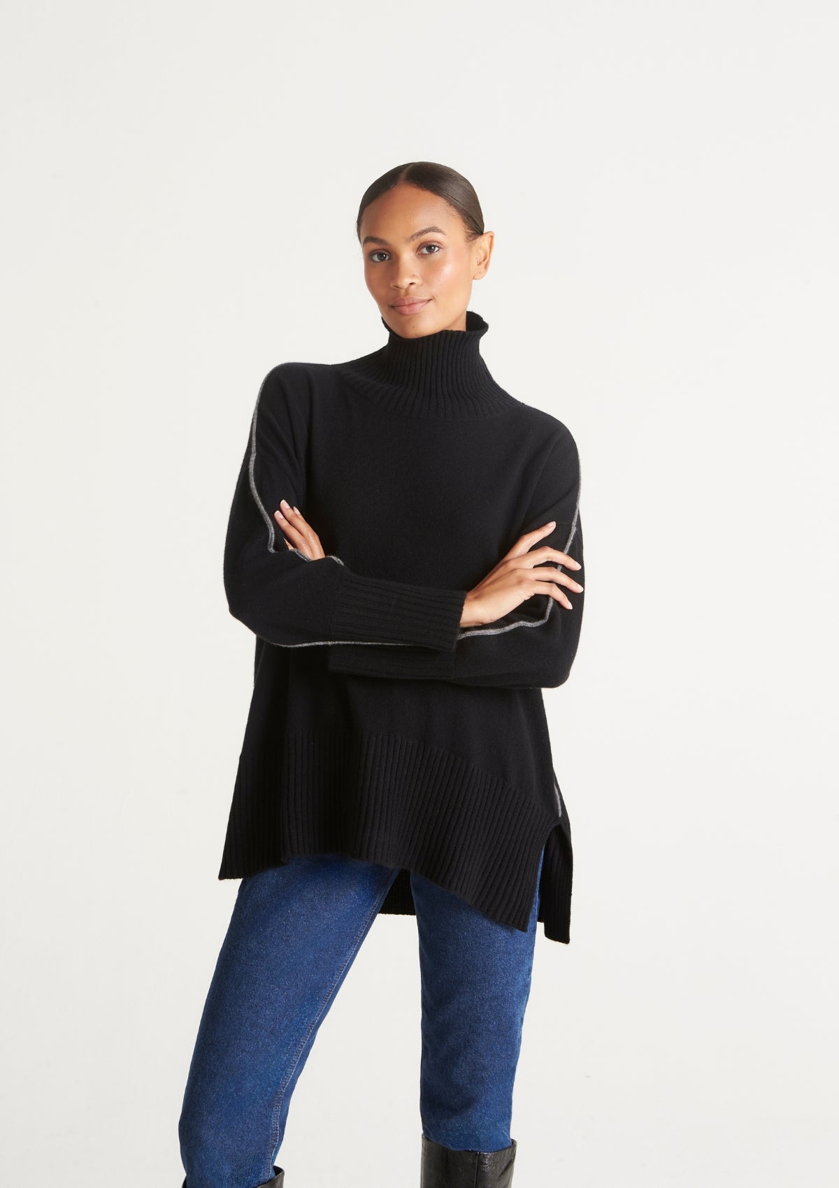 Contrast Trim Polo Neck Sweater in Black/Pewter Grey