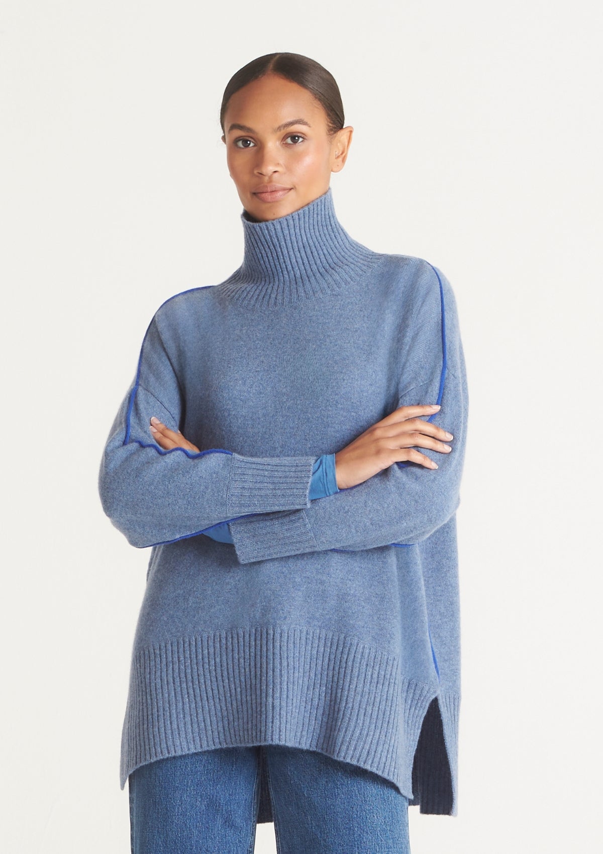 Contrast Trim Polo Neck Sweater in Baltic Blue/Klein Blue