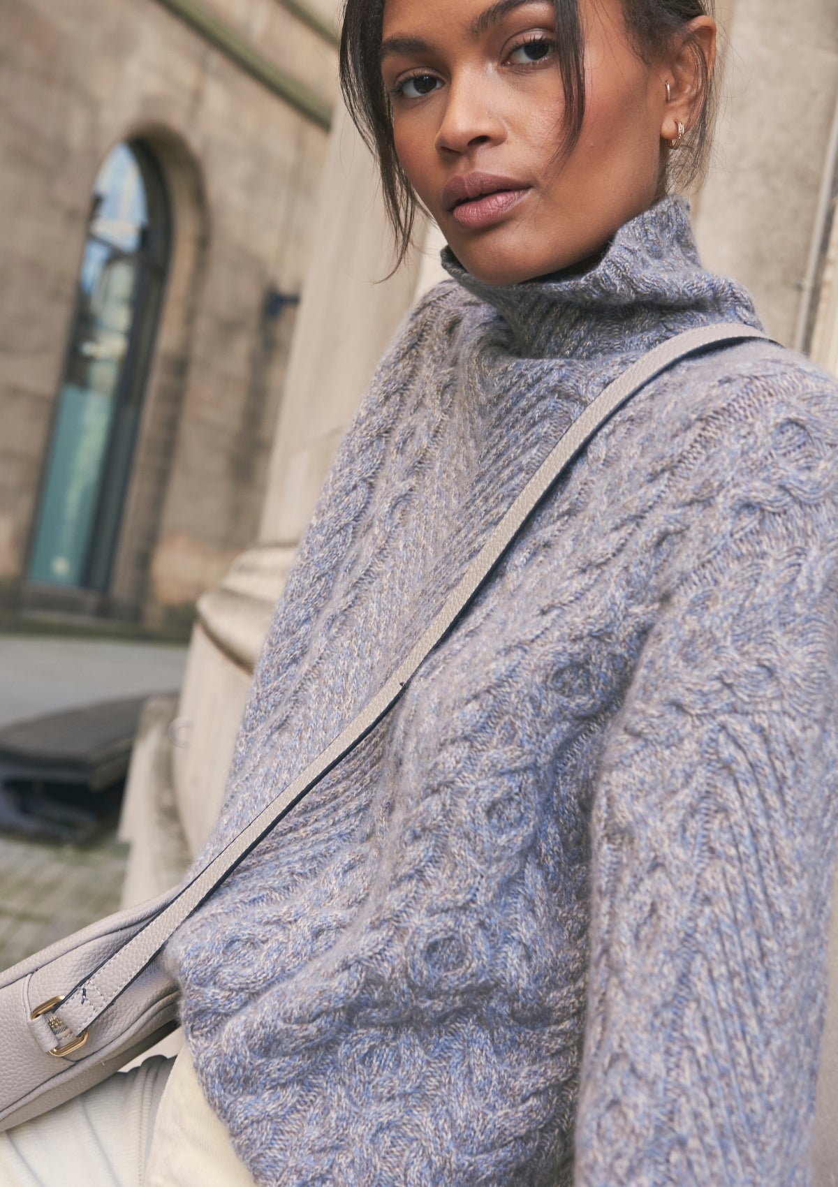 High Neck Cable Sweater in Smoky Blue