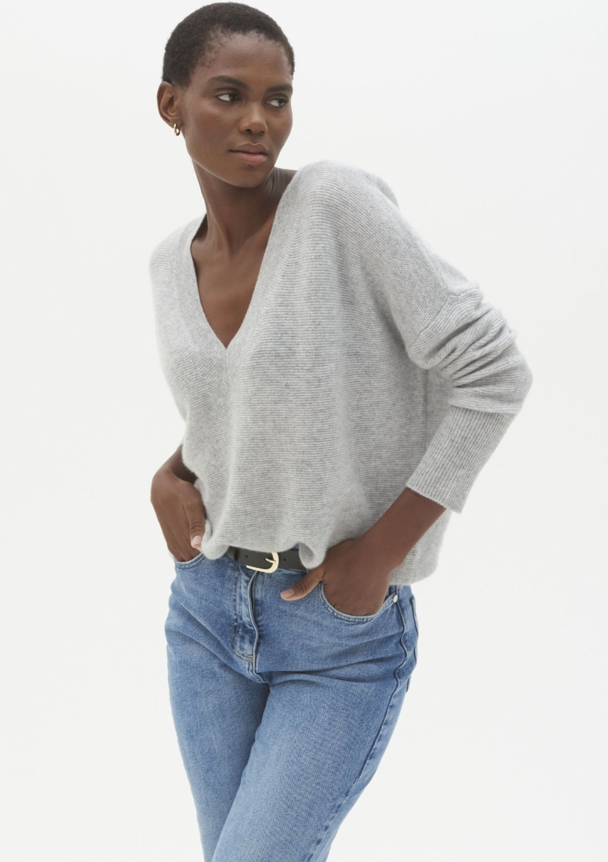 Relaxed V Neck Sweater in Foggy Grey