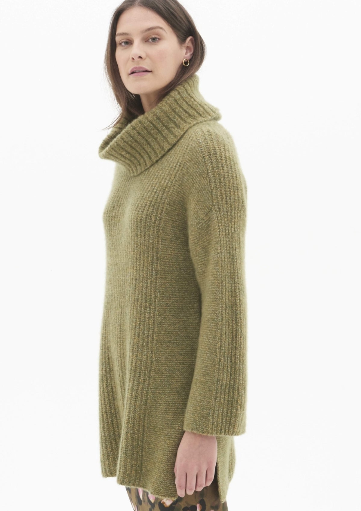 Oversized Ribbed Polo Neck Sweater in Mossy Fleck