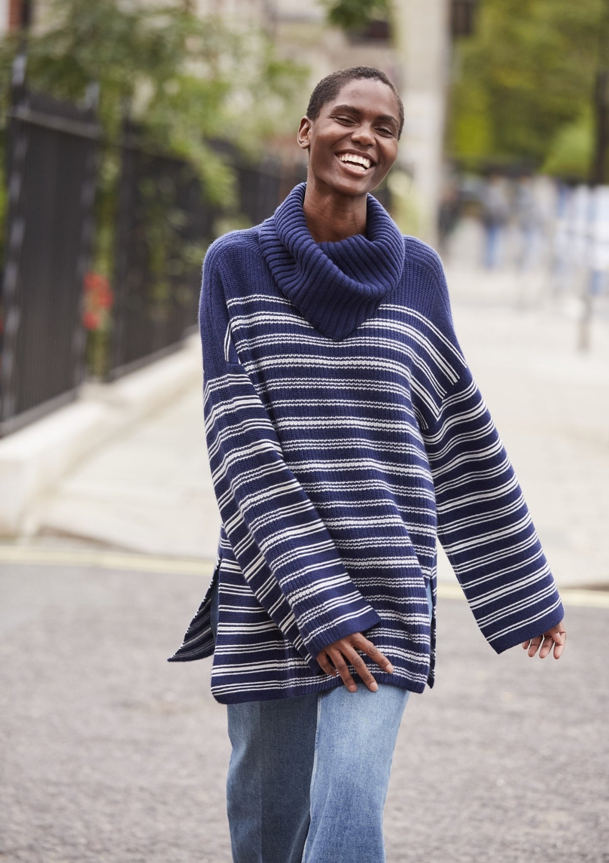 Oversized Ribbed Polo Neck Sweater in Blue Stripe