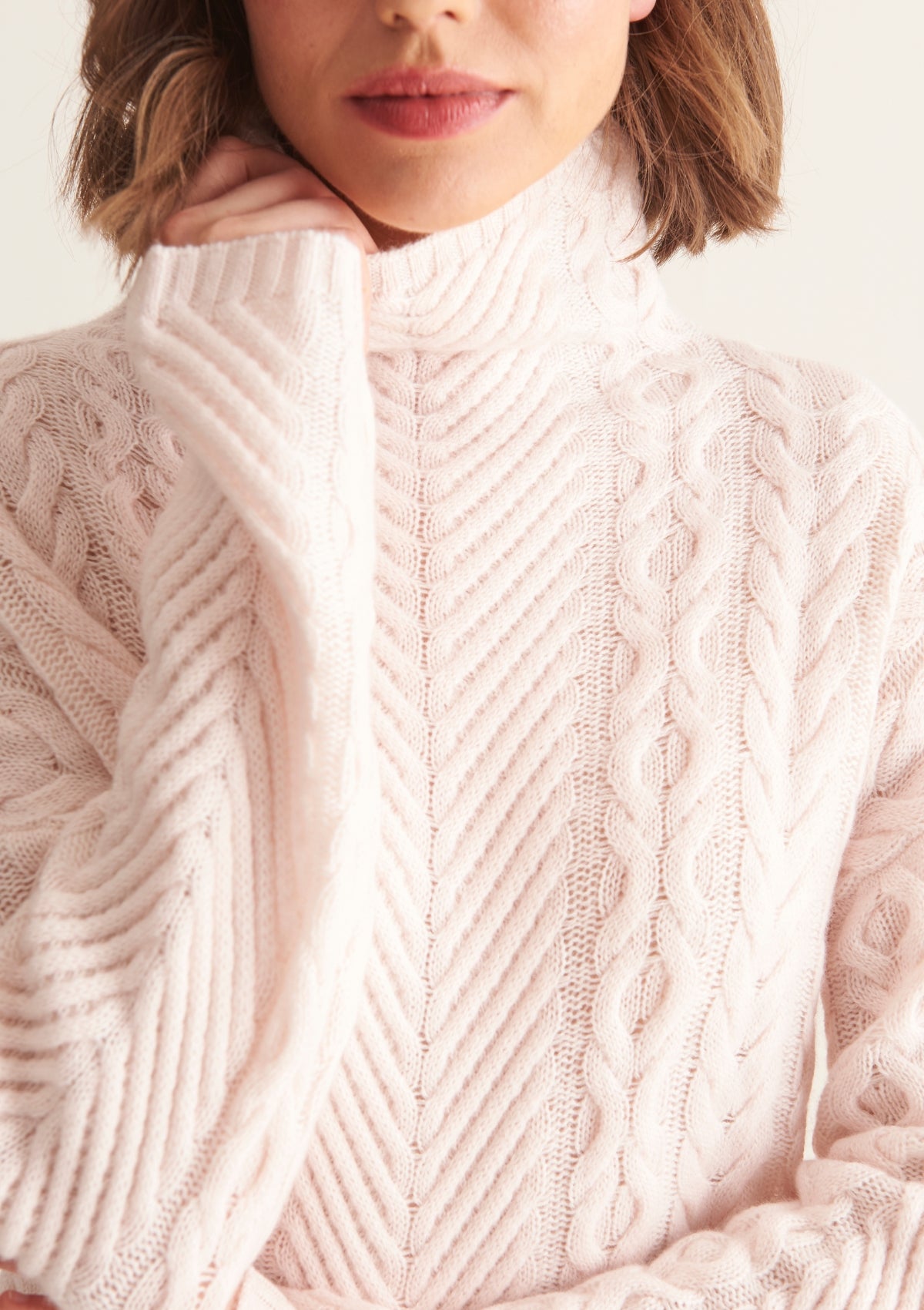High Neck Cable Sweater in Mallow Pink