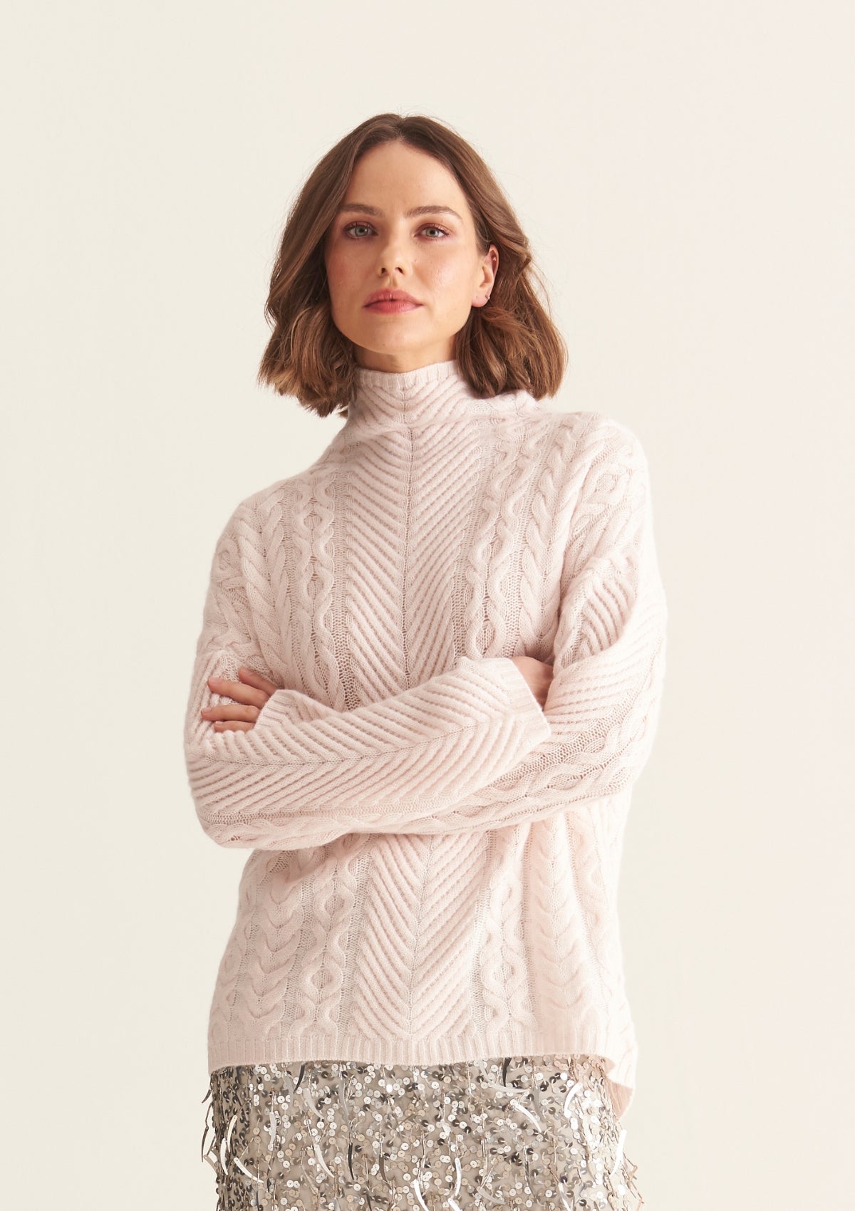 High Neck Cable Sweater in Mallow Pink