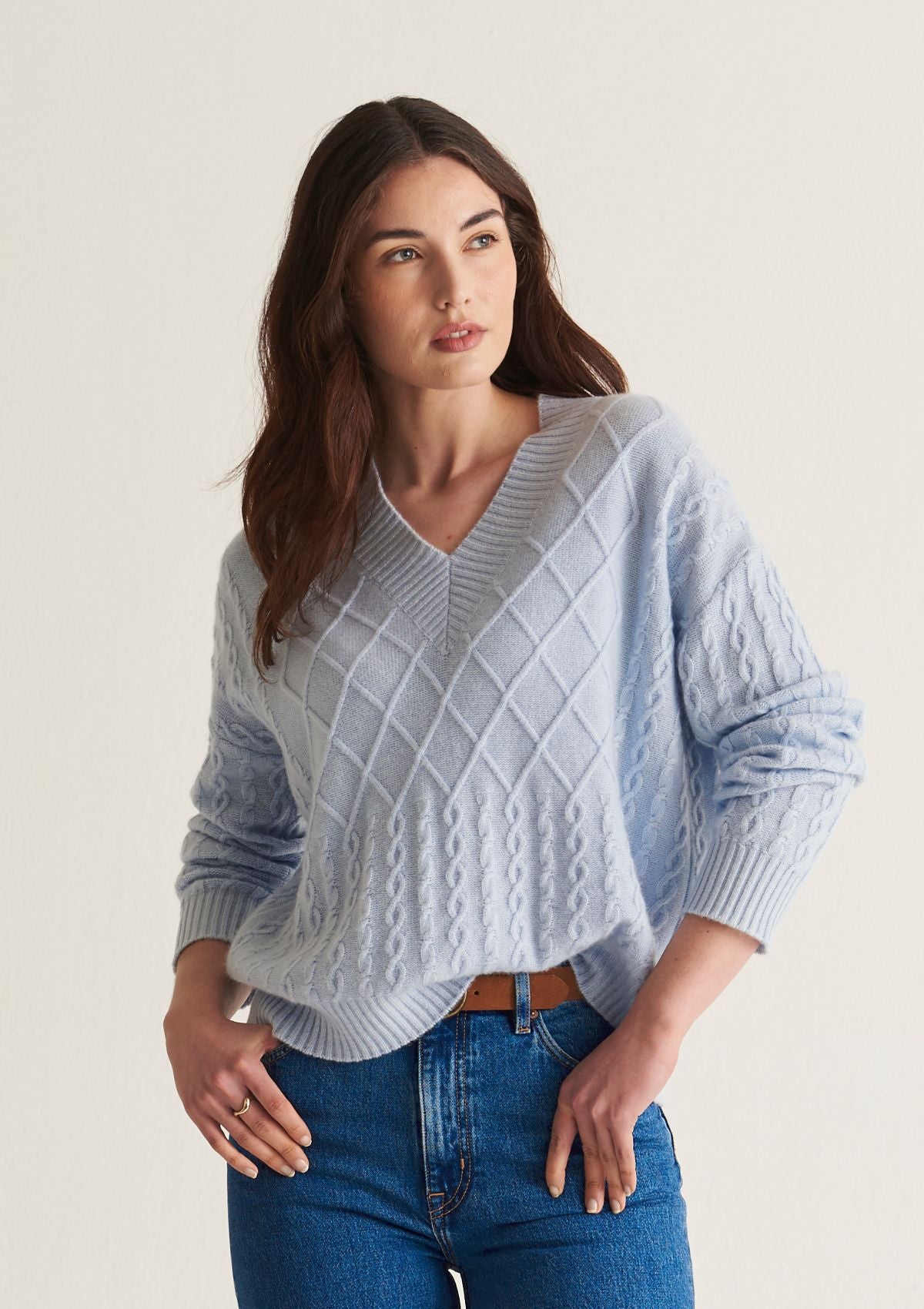 Ribbed Trim Cable Cashmere V Neck Sweater in Whisper Blue