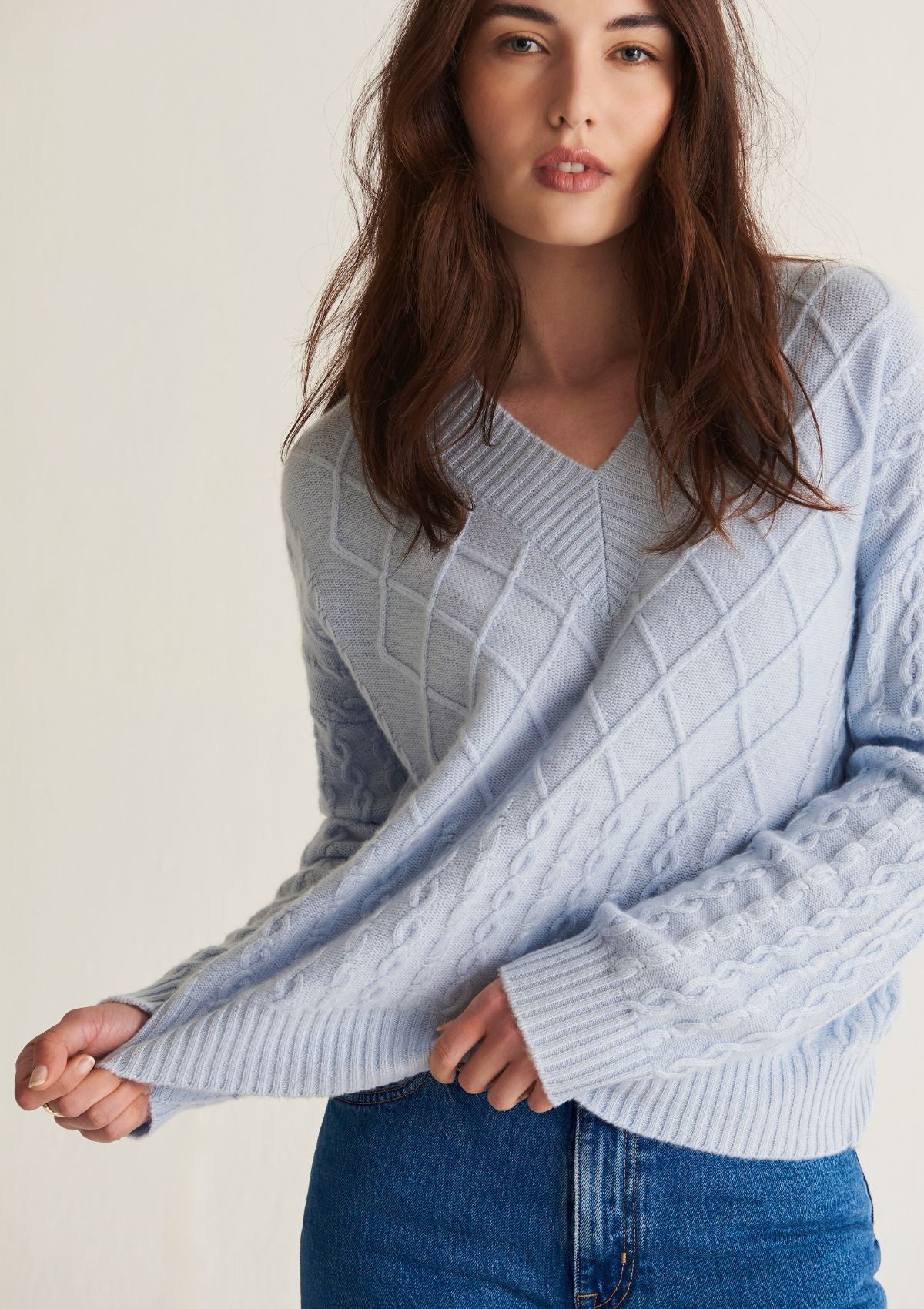 Ribbed Trim Cable Cashmere V Neck Sweater in Whisper Blue