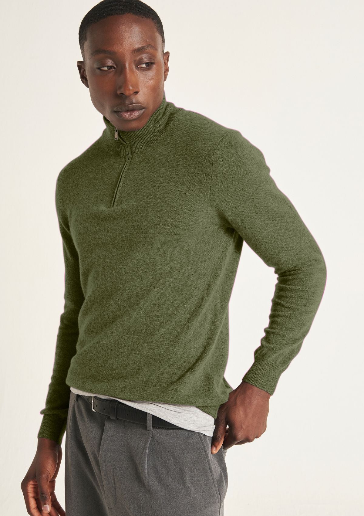 Mens Cashmere Half Zip Sweater in Bayleaf Green