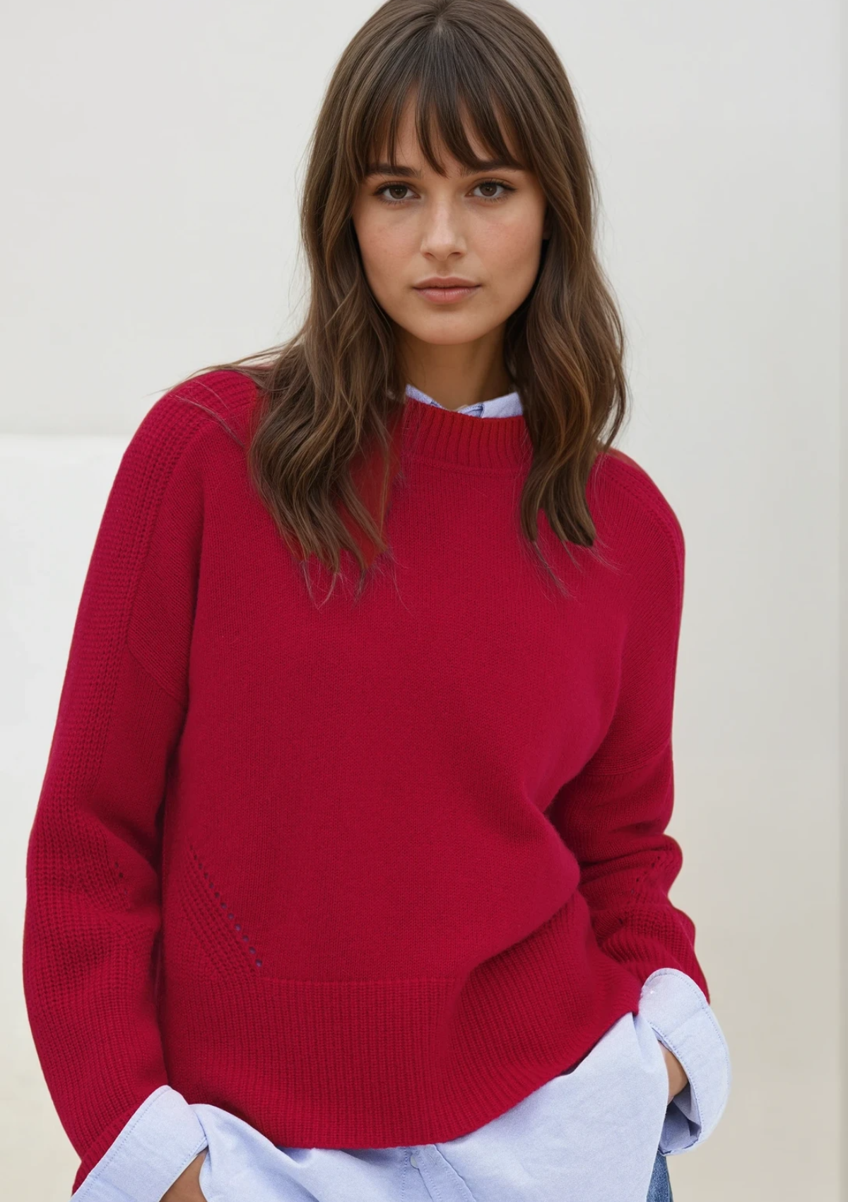Ribbed Detail Lofty Crew Sweatshirt in Crimson Red