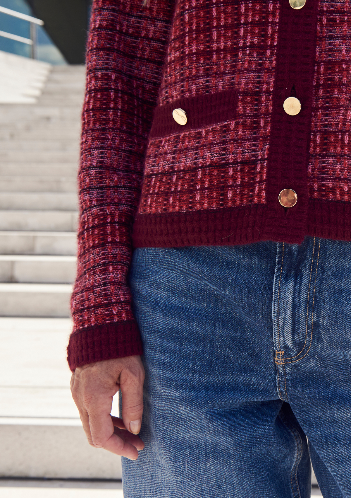 Textured Cashmere Crew Jacket in Pink Check