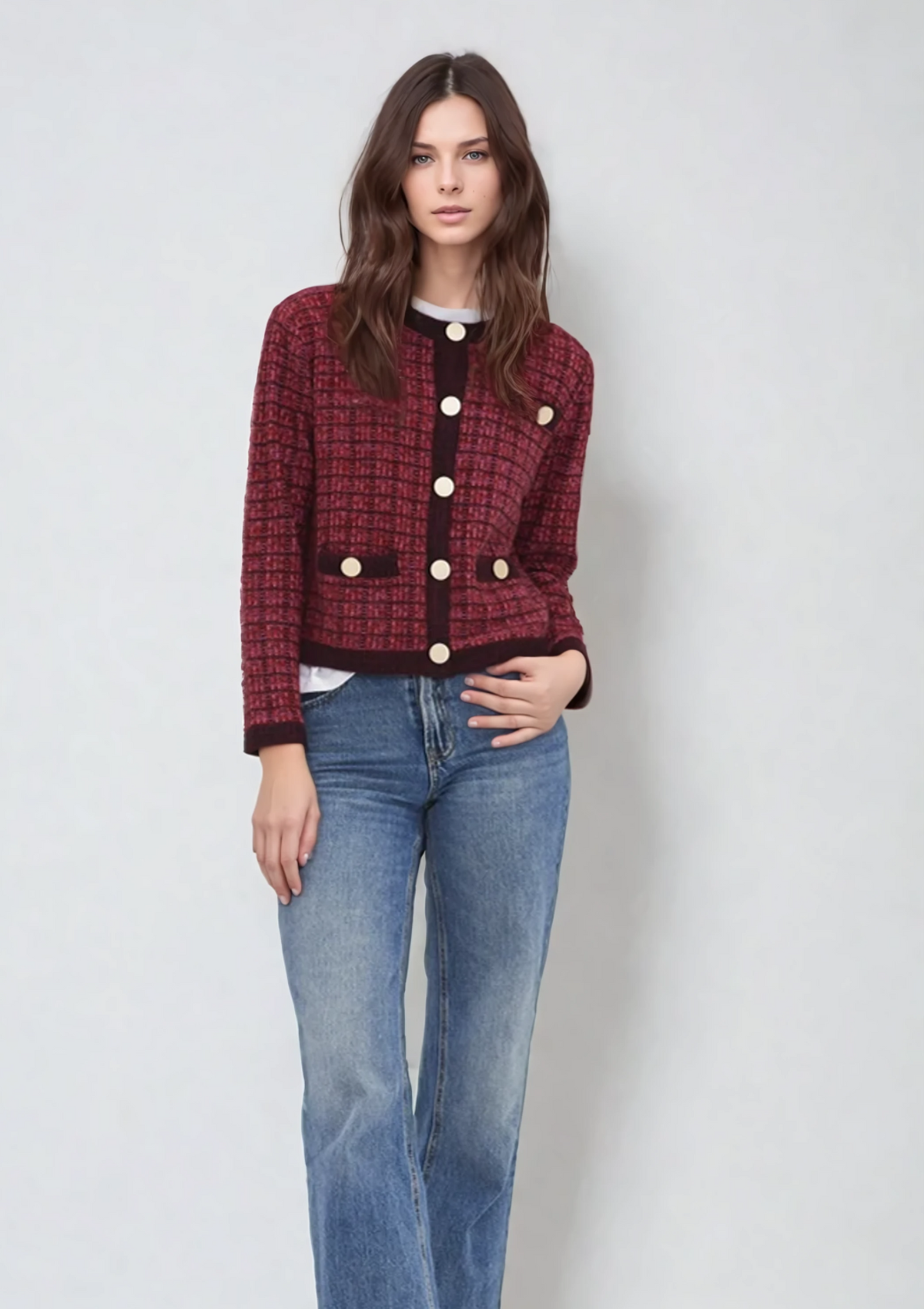 Textured Cashmere Crew Jacket in Pink Check
