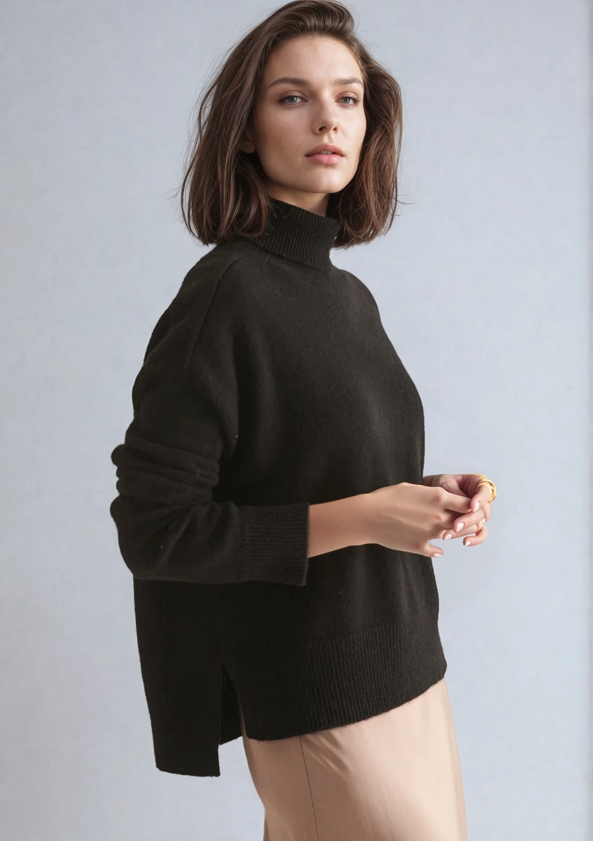 Ribbed Trim Polo Sweater in Black