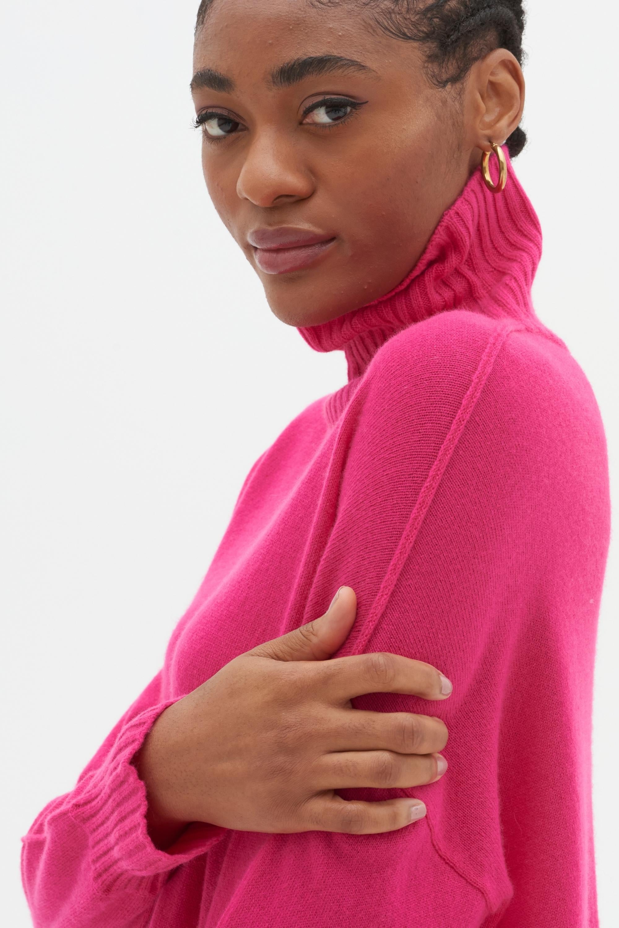 Oversized Cashmere Polo Neck Sweater in Hot Pink