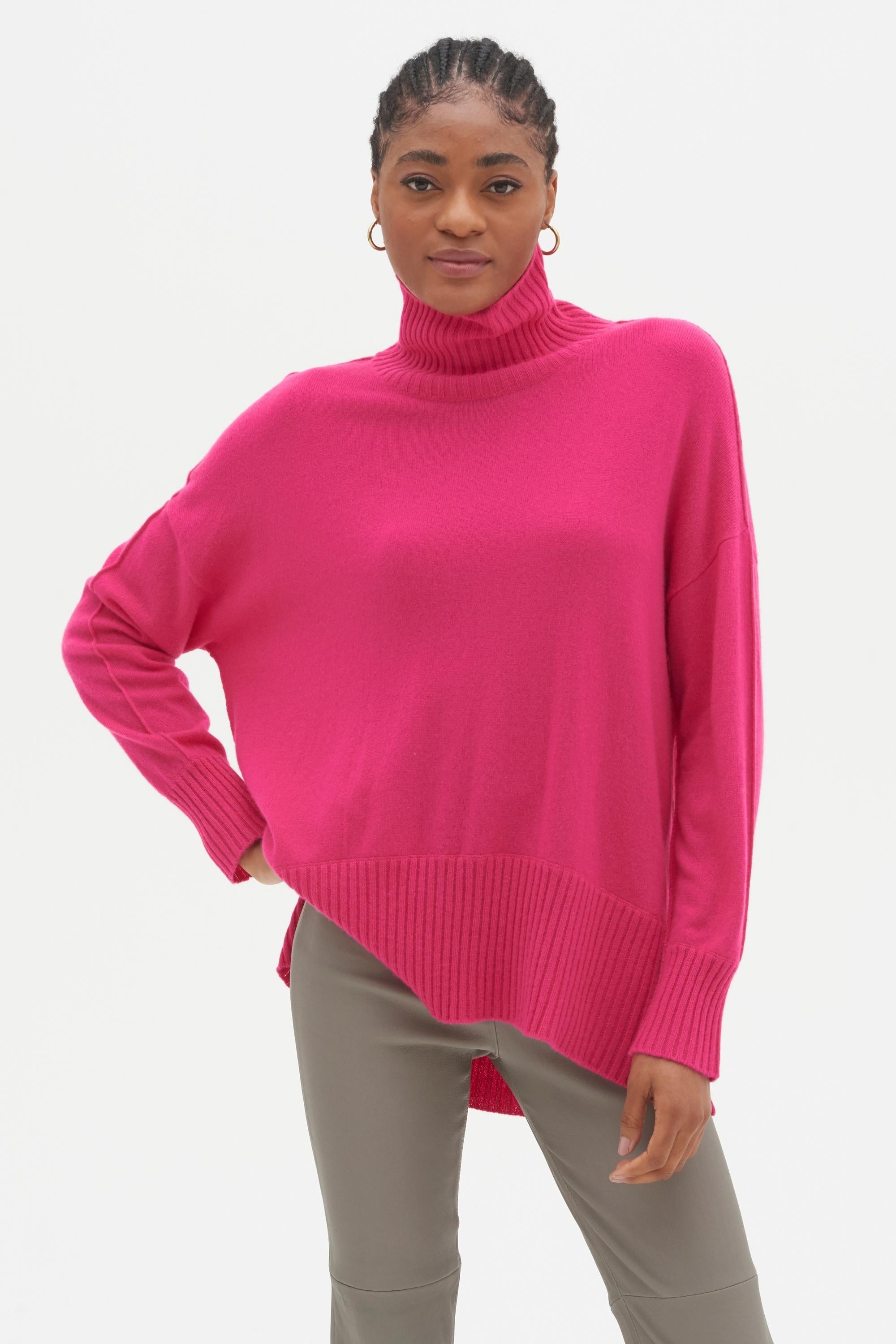 Oversized Cashmere Polo Neck Sweater in Hot Pink