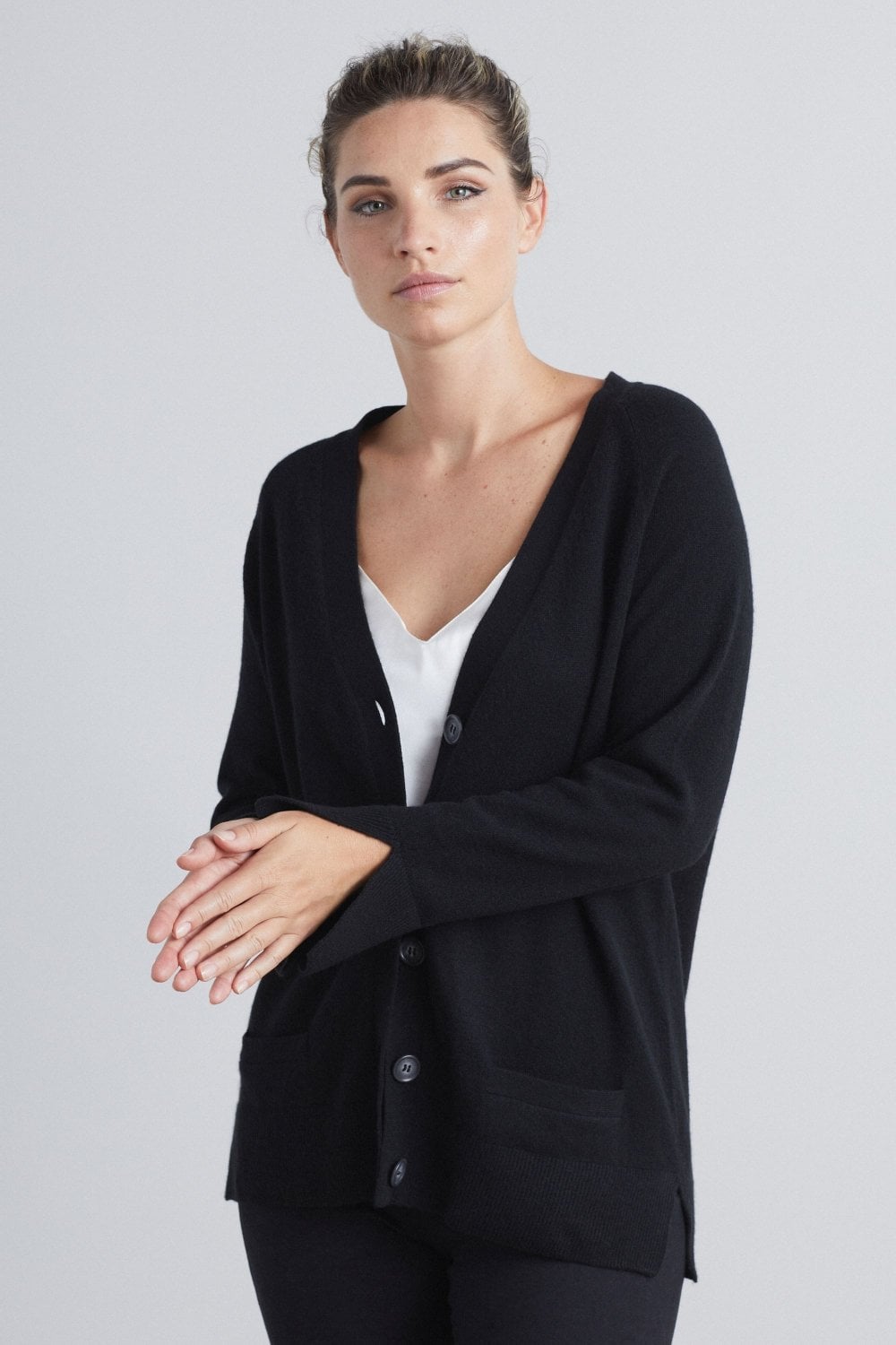 V Neck Cashmere Cardigan in Black